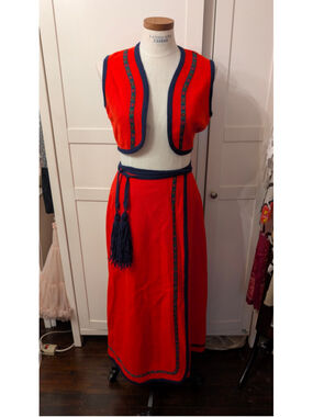 Vintage wool Danica Folk Style Vest and Skirt Set, One Size, Red and Blue